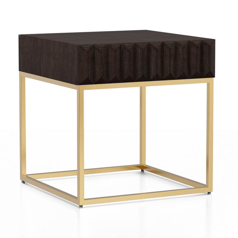 Right angled contemporary walnut gold end table on a white background. Slim gold steel base and geometric texture wood drawer front offers lovely attention to detail.