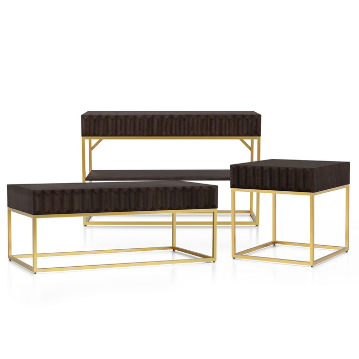 Right angled contemporary walnut gold coffee table, left angled walnut end table, and front-facing walnut console table on a white background. Slim gold steel base and geometric texture wood drawer fronts.