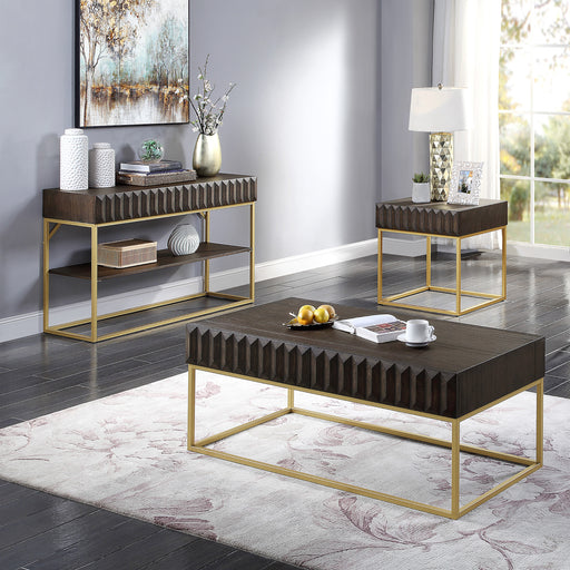 Left angled contemporary walnut coffee table, left angled walnut end table, and right angled walnut console table in a living room setting. Slim gold steel base and geometric texture wood drawer fronts.