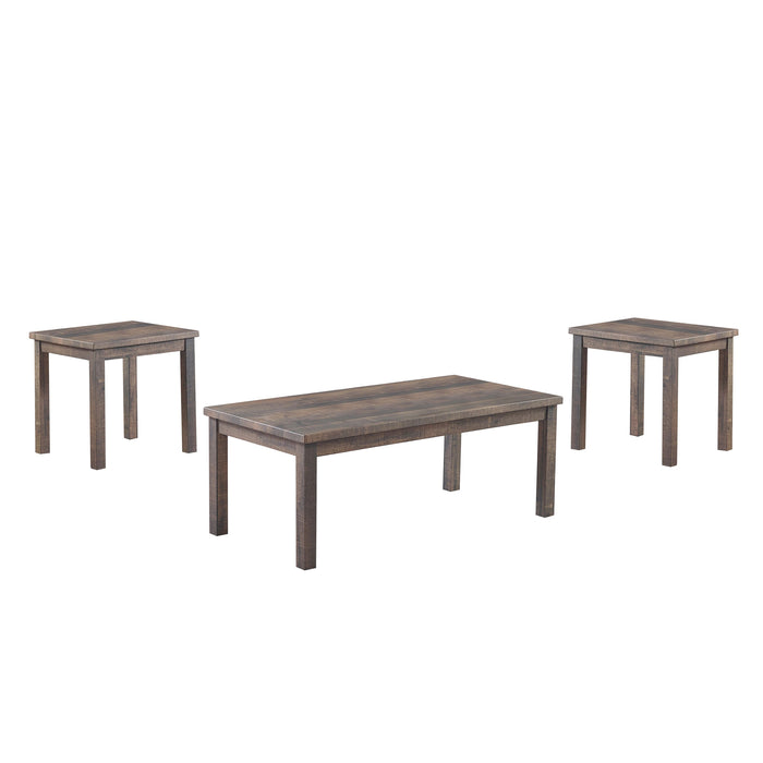 Right angled rustic three-piece wood living room table set on a white background