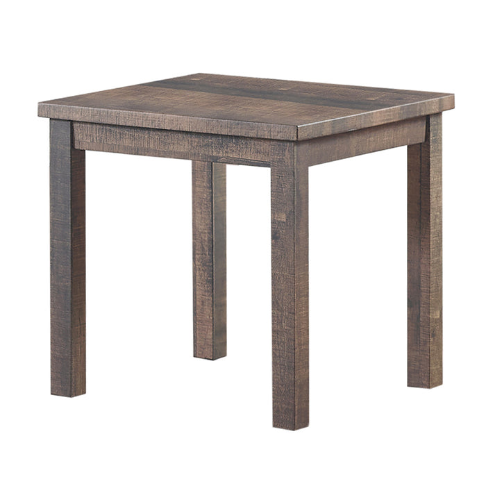 Left angled end table from a rustic three-piece wood living room table set on a white background