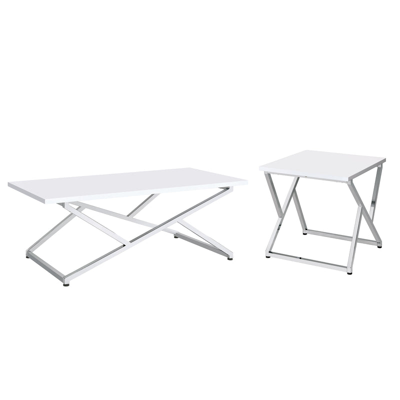 Angled glam two-piece chrome and white geometric coffee table set on a white background