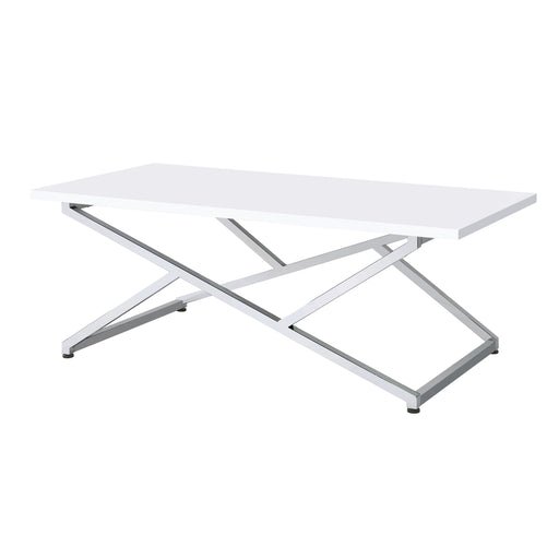 Left angled glam chrome and white geometric coffee table on a white background
