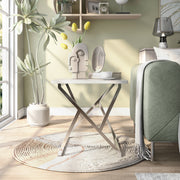 Front facing contemporary chrome and high gloss white end table in a living room with accessories