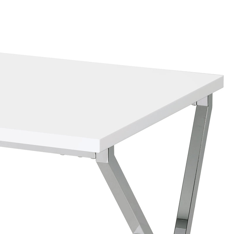 Left angled top corner close up view of a contemporary chrome and high gloss white end table on a white background