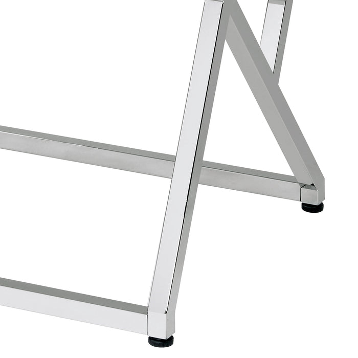 Left angled base and foot close up view of a contemporary chrome and high gloss white end table on a white background