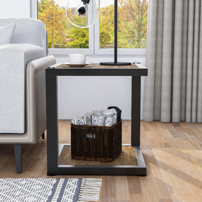 Front-facing urban walnut end table with rivet sand black frame and decorated open lower shelf next to a sofa in a living room setting. 