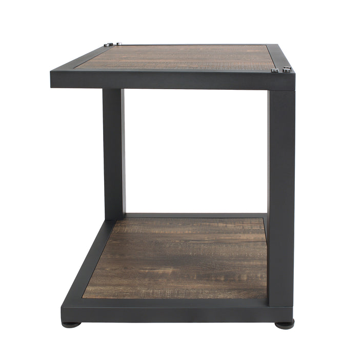 Front-facing urban walnut end table with sand black frame and rivets and open bottom shelf on a white background.