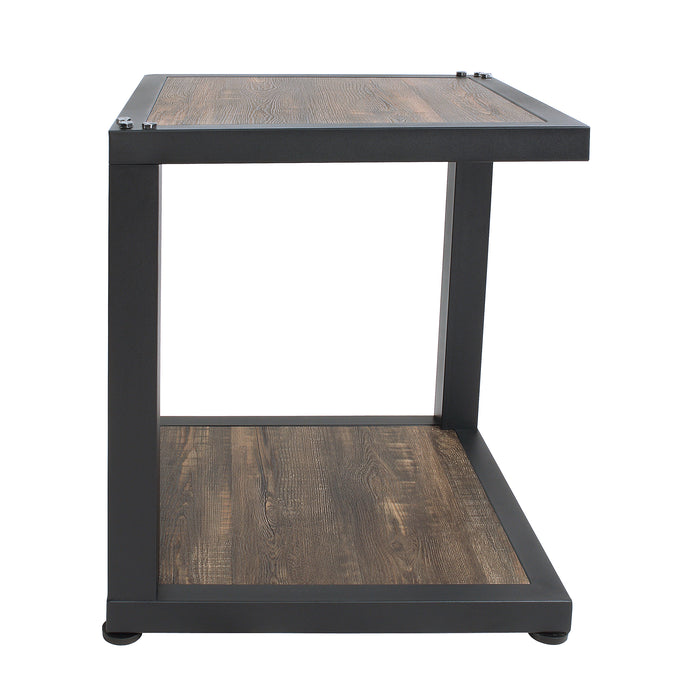 Side-facing urban walnut end table with sand black frame and rivets and open bottom shelf on a white background.