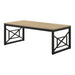 Left angled transitional natural oak coffee table with geometric black metal sled bases on a white background.