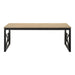 Front-facing transitional natural oak coffee table with geometric black metal sled bases on a white background.