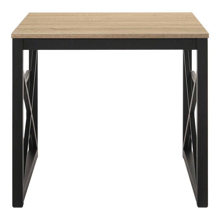 Front-facing transitional natural oak end table with geometric black metal sled bases on a white background.