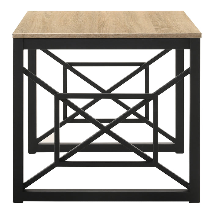 Side-facing transitional natural oak end table with geometric black metal sled bases on a white background.