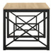Side-facing transitional natural oak end table with geometric black metal sled bases on a white background.