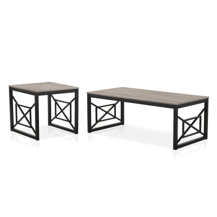 Left angled transitional gray rectangular coffee table and right-facing transitional gray end table with geometric black metal sled bases on a white background.