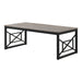Left angled transitional gray rectangular coffee table with geometric black metal sled bases on a white background.