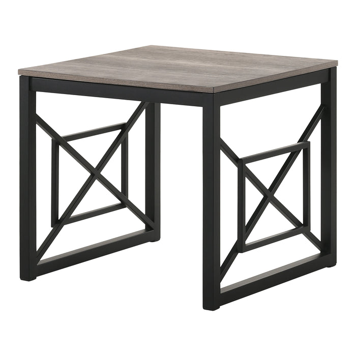 Left angled transitional gray end table with geometric black metal sled bases on a white background.
