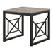 Left angled transitional gray end table with geometric black metal sled bases on a white background.