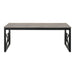 Front-facing transitional gray rectangular coffee table with geometric black metal sled bases on a white background.