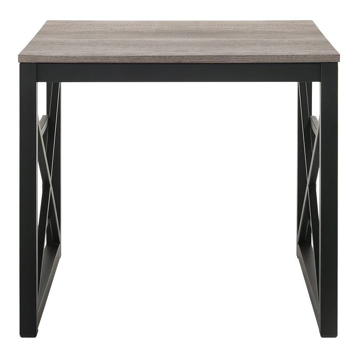 Front-facing transitional gray end table with geometric black metal sled bases on a white background.