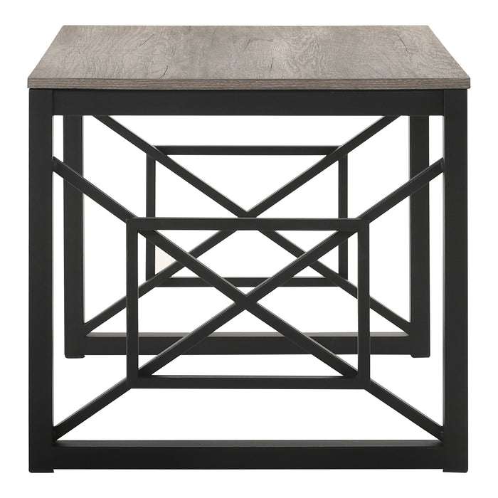 Side-facing transitional gray end table with geometric black metal sled bases on a white background.