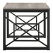 Side-facing transitional gray end table with geometric black metal sled bases on a white background.