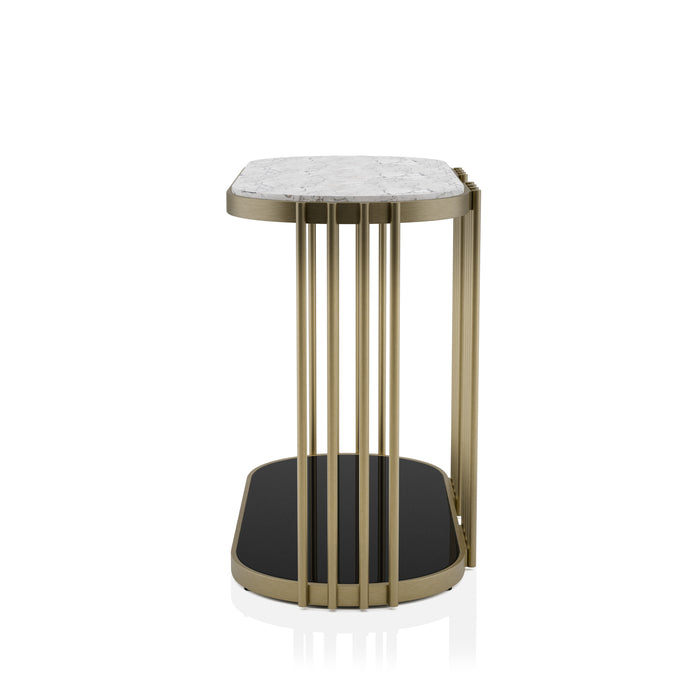 Esmee Antique Brass with Faux White Marble & Gloss Black Sofa Table