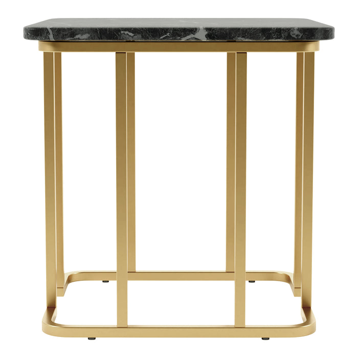Front-facing view of contemporary black marble and gold coated steel geometric end table on a white background
