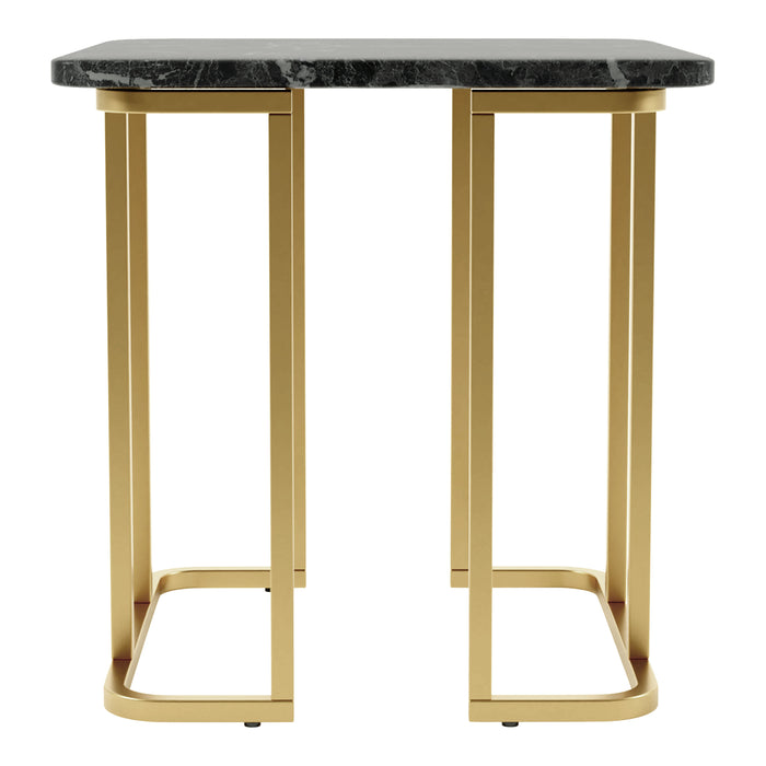 Front-facing view of contemporary black marble and gold coated steel geometric end table on a white background