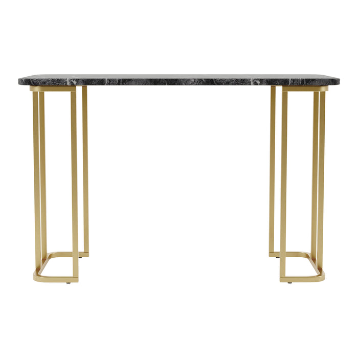 Front-facing view of contemporary black marble and gold coated steel geometric sofa table on a white background