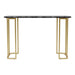 Front-facing view of contemporary black marble and gold coated steel geometric sofa table on a white background