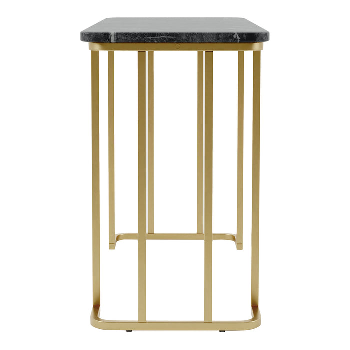 Side-facing view of contemporary black marble and gold coated steel geometric sofa table on a white background