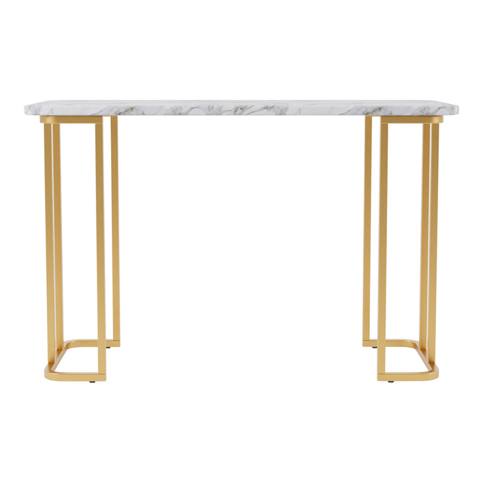 Front facing modern glam white faux marble and gold console table on a white background