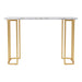 Front facing modern glam white faux marble and gold console table on a white background