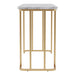 Front facing side view of a modern glam white faux marble and gold console table on a white background
