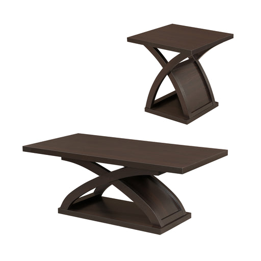 Right angled contemporary espresso finish wood two-piece coffee table and end table set on a white background.