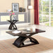 Left angled contemporary espresso finish wood two-piece coffee table and end table set in a living room with accessories.