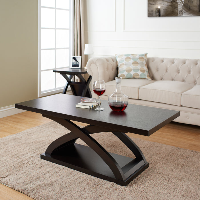 Right angled contemporary espresso finish two-piece wood coffee table and end table set in a living room with furnishings and accessories.