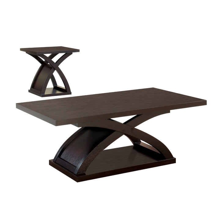 Left angled contemporary espresso finish two-piece wood coffee table and end table on white background.