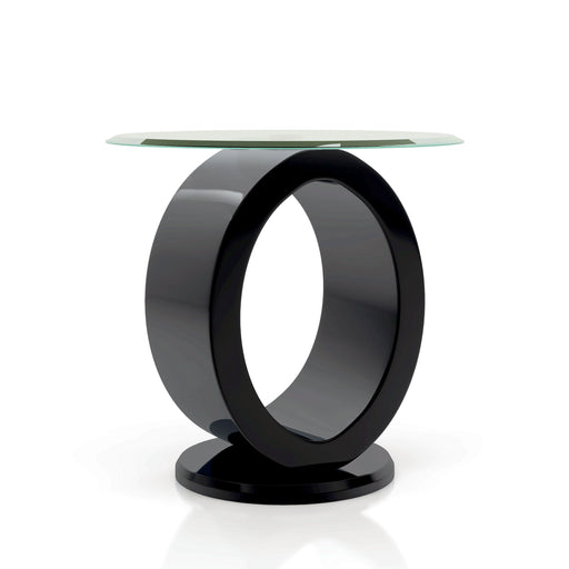 Angled view of contemporary geometric glossy black and tempered glass top end table on white background