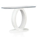 Angled view of contemporary geometric glossy white and tempered glass top console table on white background