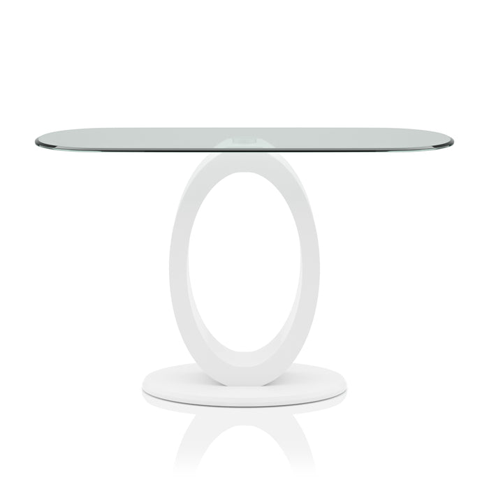 Front-facing view of contemporary geometric glossy white and tempered glass top console table on white background 