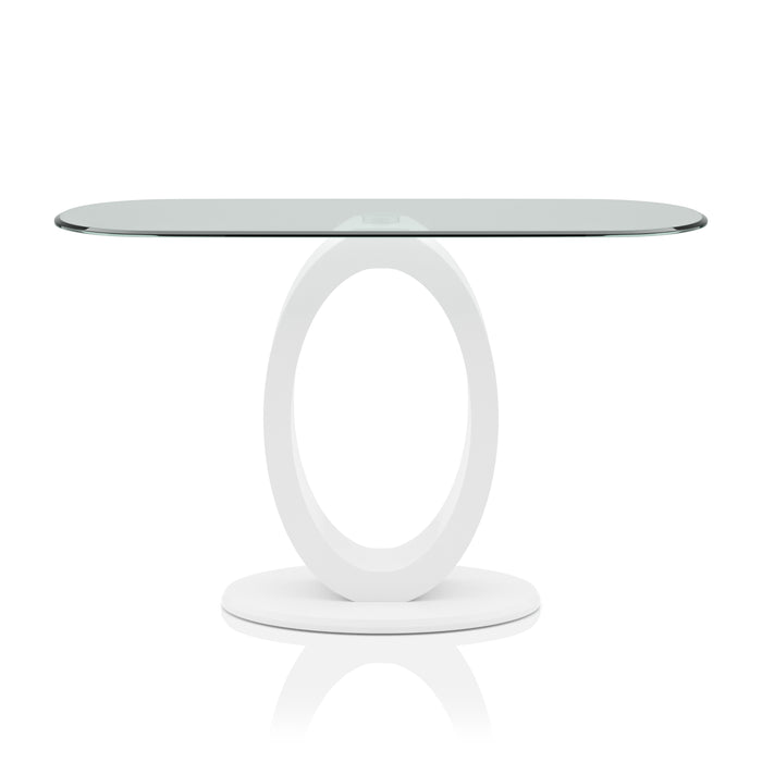 Front-facing view of contemporary geometric glossy white and tempered glass top console table on white background 