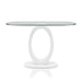 Front-facing view of contemporary geometric glossy white and tempered glass top console table on white background 