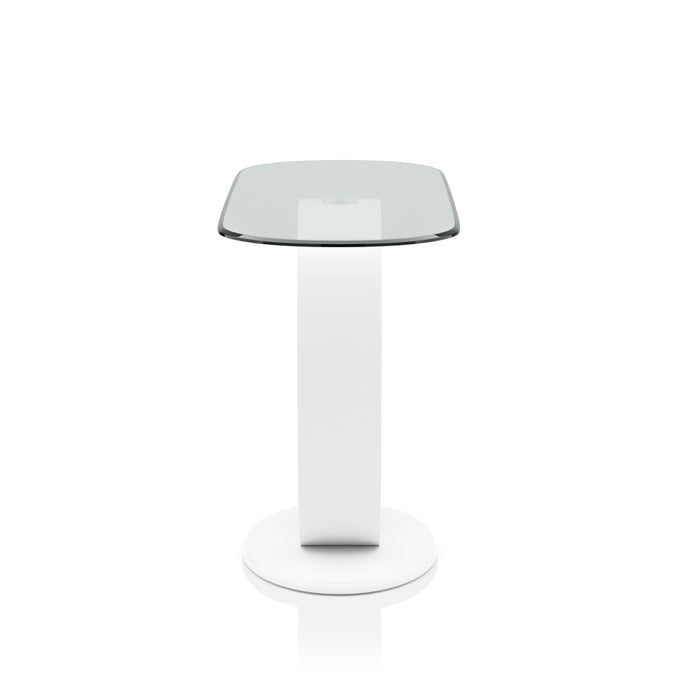 Elevated side-facing view of contemporary geometric glossy white and tempered glass top console table on white background 