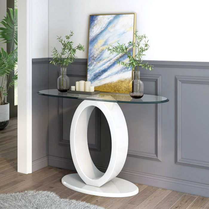 Fishers Landing Modern Glasstop & Glossy White O-Shaped Console Table