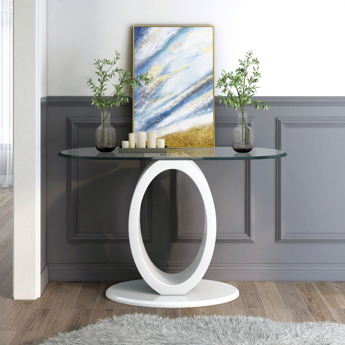 Fishers Landing Modern Glasstop & Glossy White O-Shaped Console Table