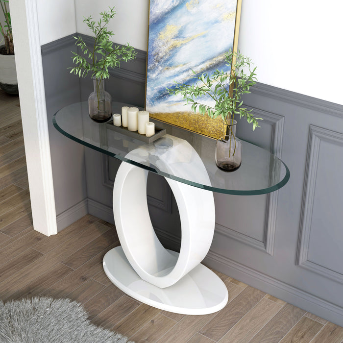 Fishers Landing Modern Glasstop & Glossy White O-Shaped Console Table