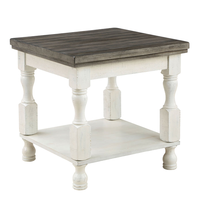 Right angled rustic gray wood end table with antique white open shelf base on a white background. 