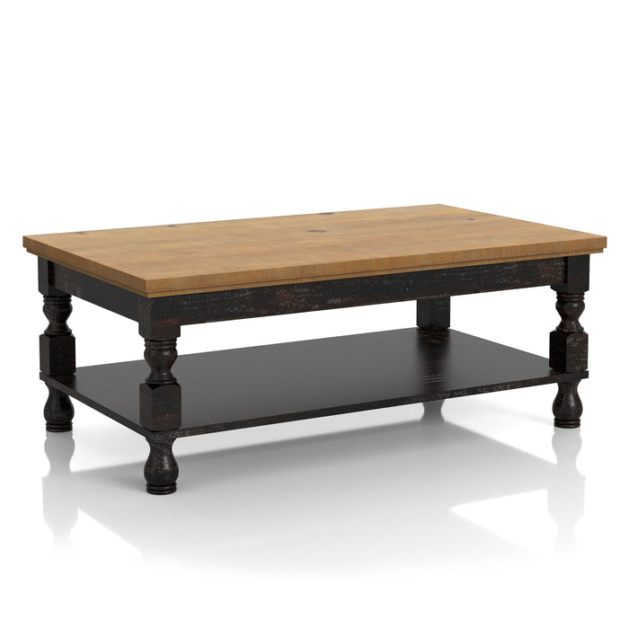 Right angled coffee table from a transitional two-piece antique black and oak coffee and end table set on a white background